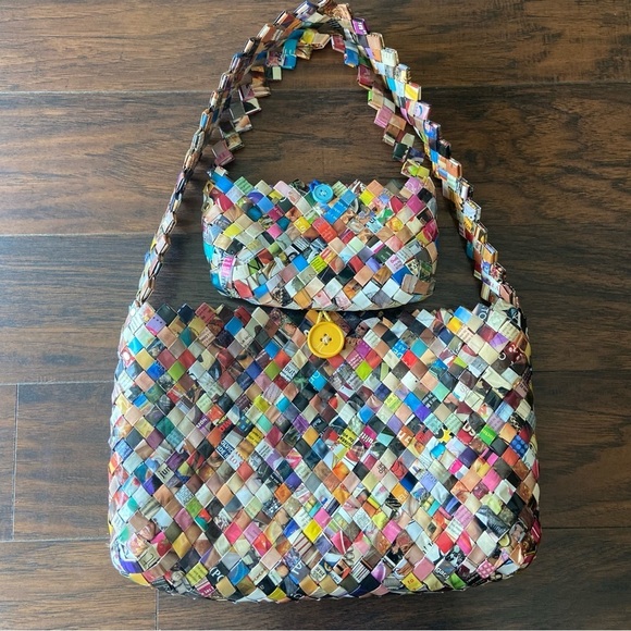Handbags - Two Recycled Colorful Woven Wrapper Bags- One Big & One Small Handbag